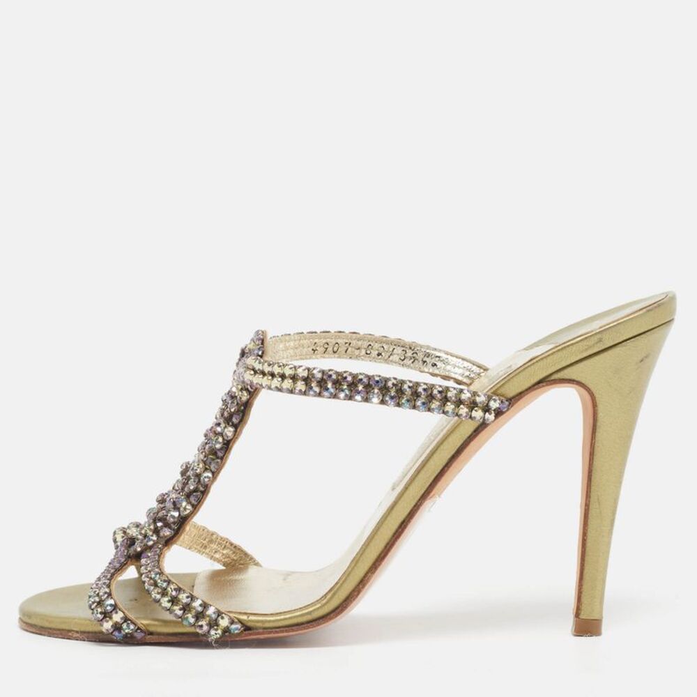 Gina Size 39.5 Green Leather Crystal Embellished  Slide Sandals